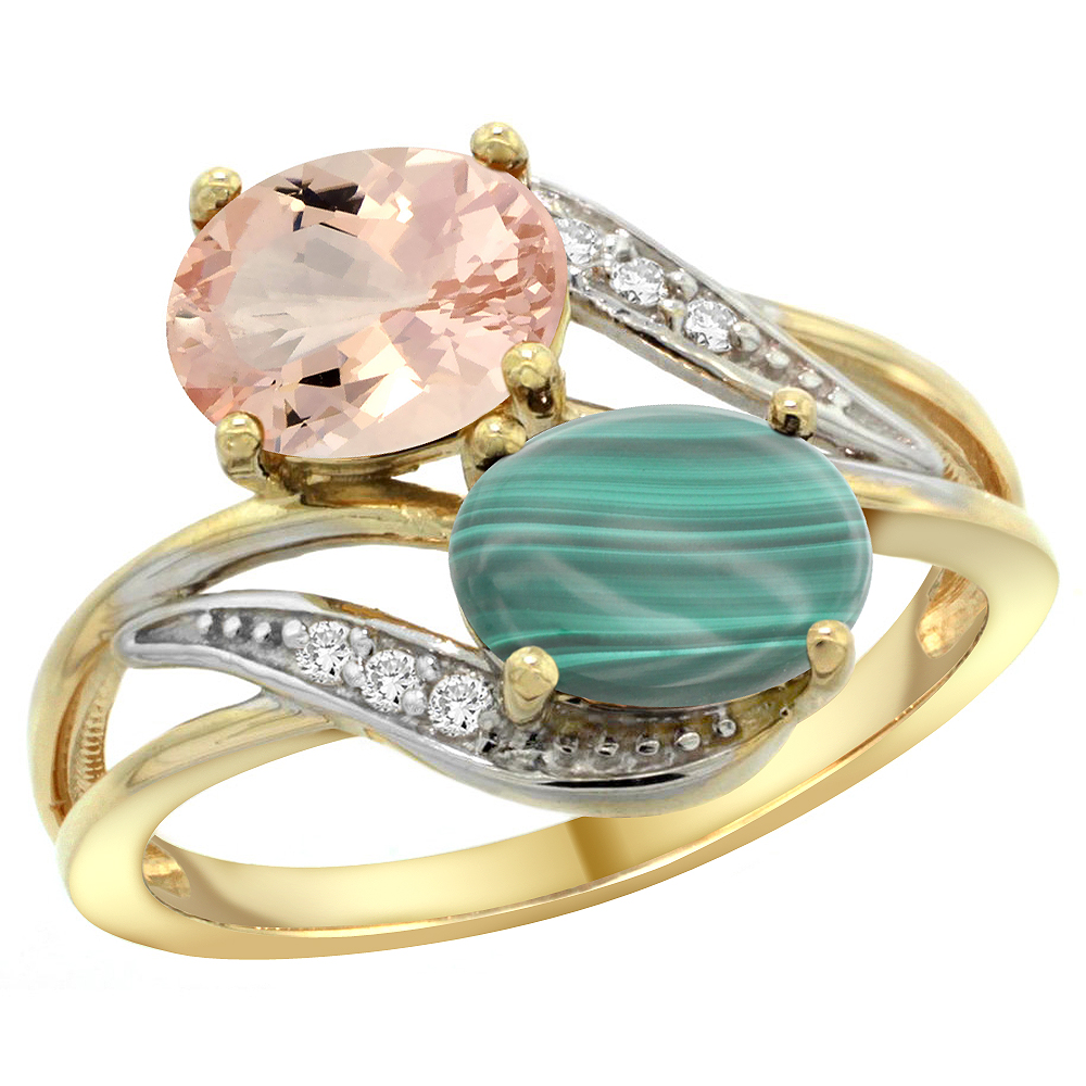 14K YELLOW GOLD DIAMOND NATURAL MORGANITE & MALACHITE 2-STONE RING OVAL 8X6MM, SIZES 5 - 10