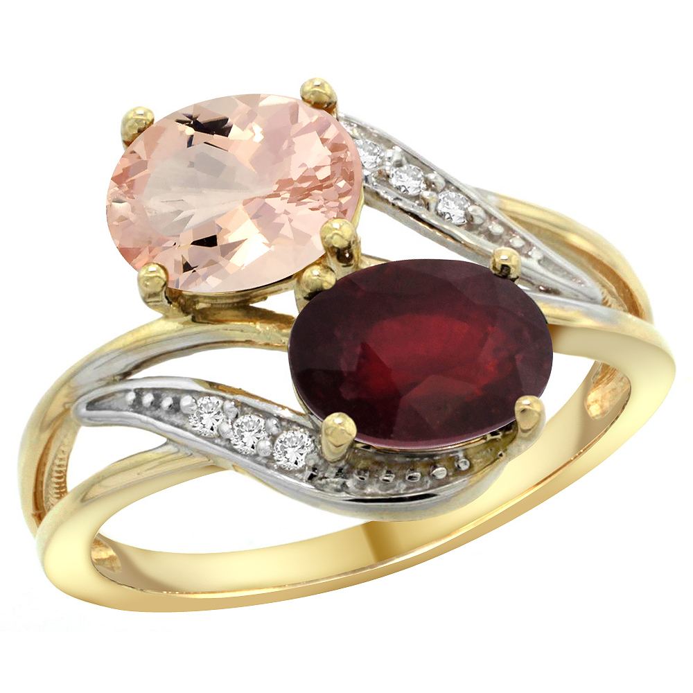 10K Yellow Gold Diamond Natural Morganite &amp; Quality Ruby 2-stone Mothers Ring Oval 8x6mm, size 5 - 10