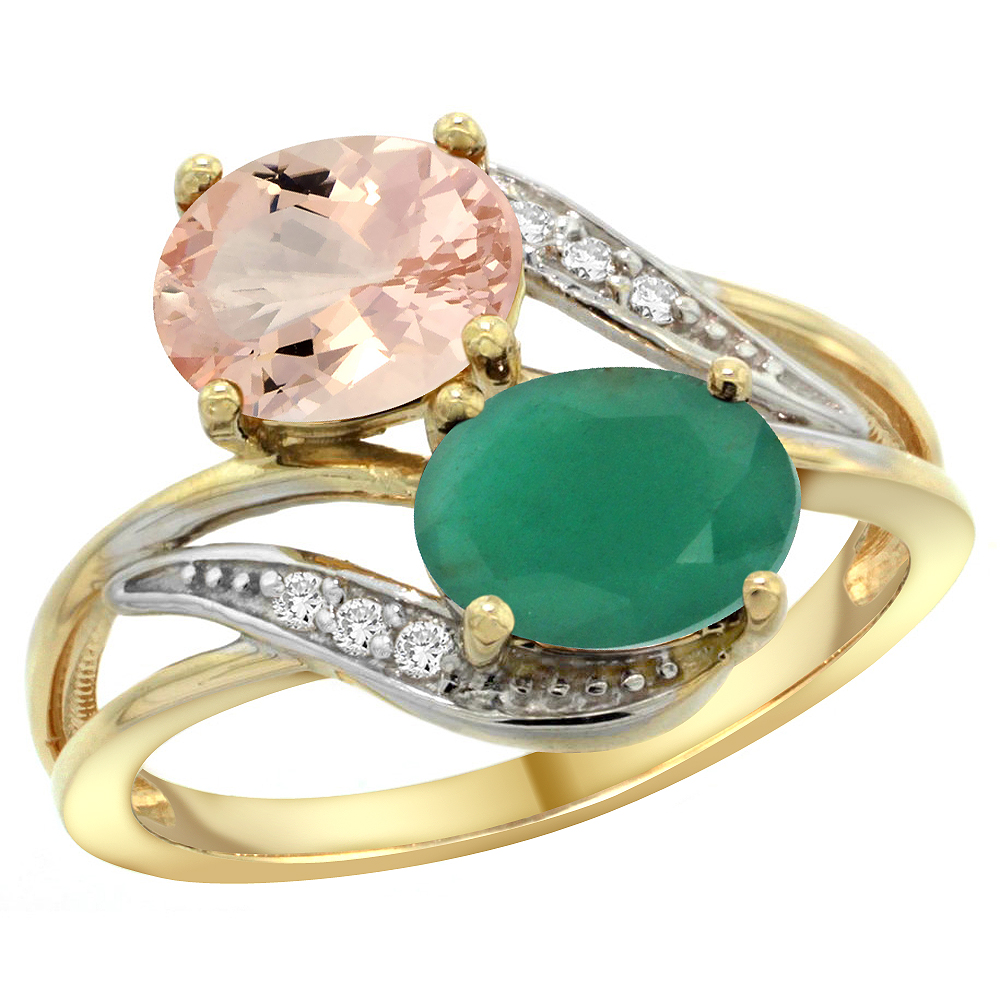 10K Yellow Gold Diamond Natural Morganite &amp; Quality Emerald 2-stone Mothers Ring Oval 8x6mm, size 5 - 10