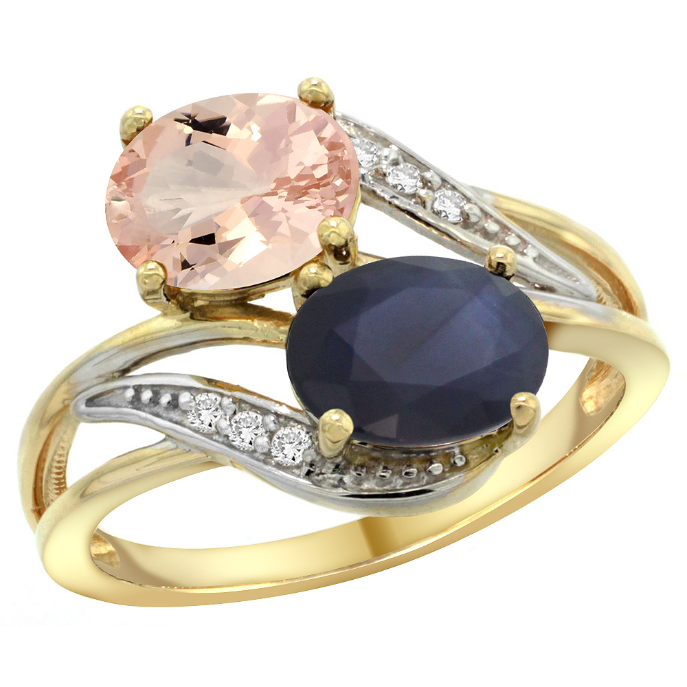10K Yellow Gold Diamond Natural Morganite & Quality Blue Sapphire 2-stone Mothers Ring Oval 8x6mm,sz 5-10