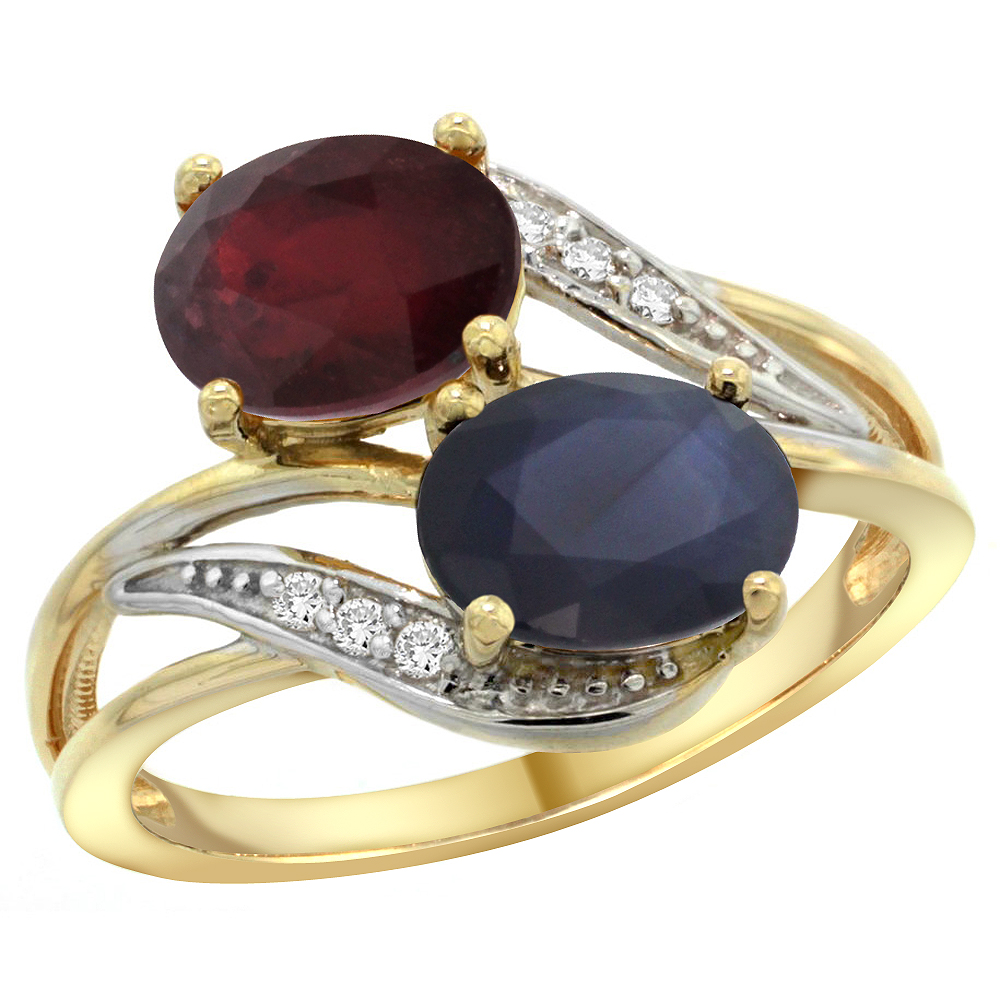 14K Yellow Gold Diamond Enhanced Ruby &amp; Natural Blue Sapphire 2-stone Ring Oval 8x6mm, sizes 5 - 10