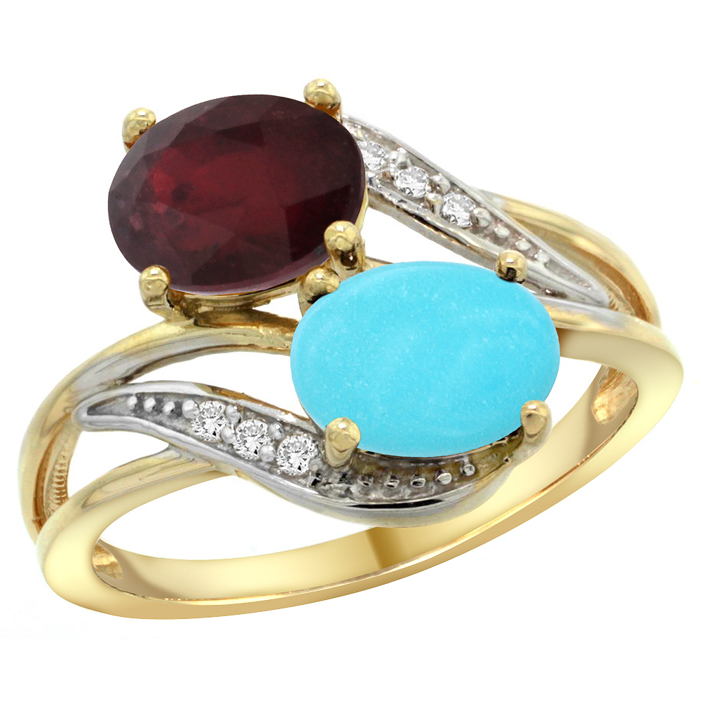 14K Yellow Gold Diamond Enhanced Ruby &amp; Natural Turquoise 2-stone Ring Oval 8x6mm, sizes 5 - 10