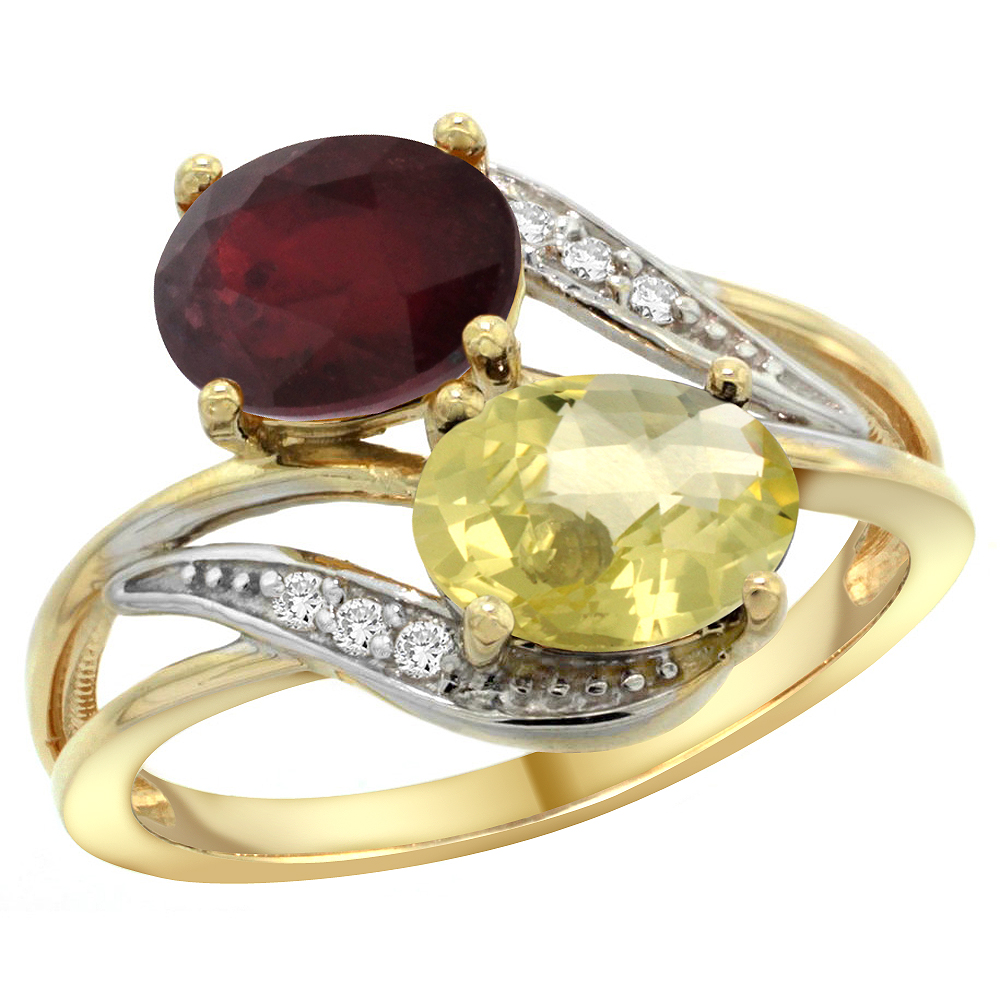 10K Yellow Gold Diamond Enhanced Ruby &amp; Natural Lemon Quartz 2-stone Ring Oval 8x6mm, sizes 5 - 10
