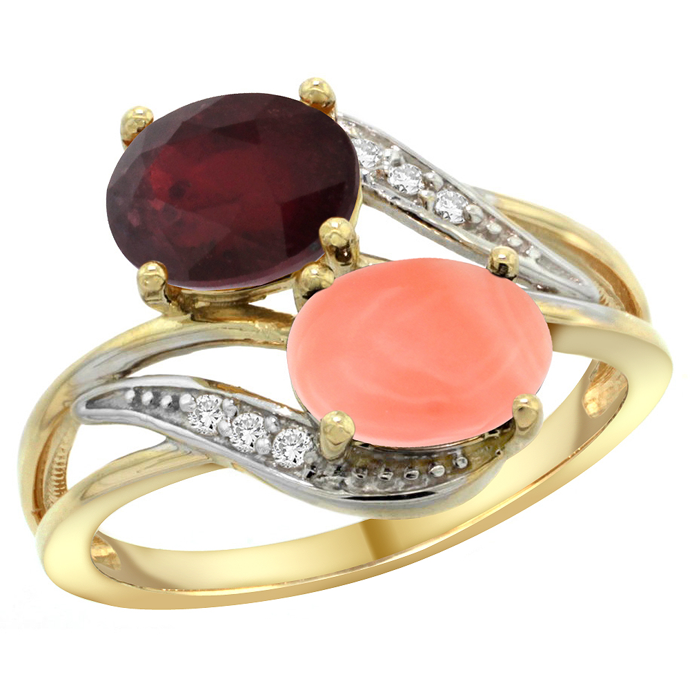 14K Yellow Gold Diamond Enhanced Ruby & Natural Coral 2-stone Ring Oval 8x6mm, sizes 5 - 10