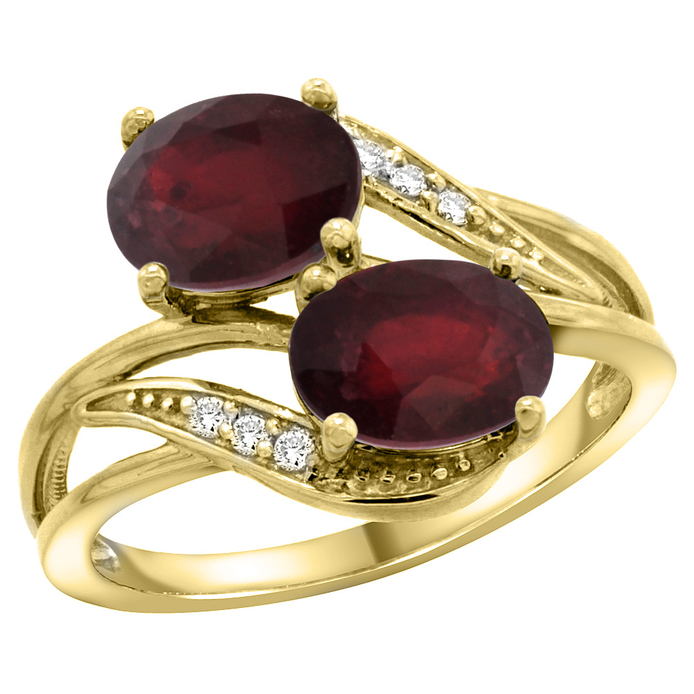 14K Yellow Gold Diamond Enhanced Ruby &amp; Natural Quality Ruby 2-stone Mothers Ring Oval 8x6mm, size 5 - 10