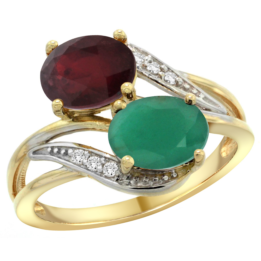 14K Yellow Gold Diamond Enhanced Ruby & Natural Quality Emerald 2-stone Mothers Ring Oval 8x6mm,sz 5-10