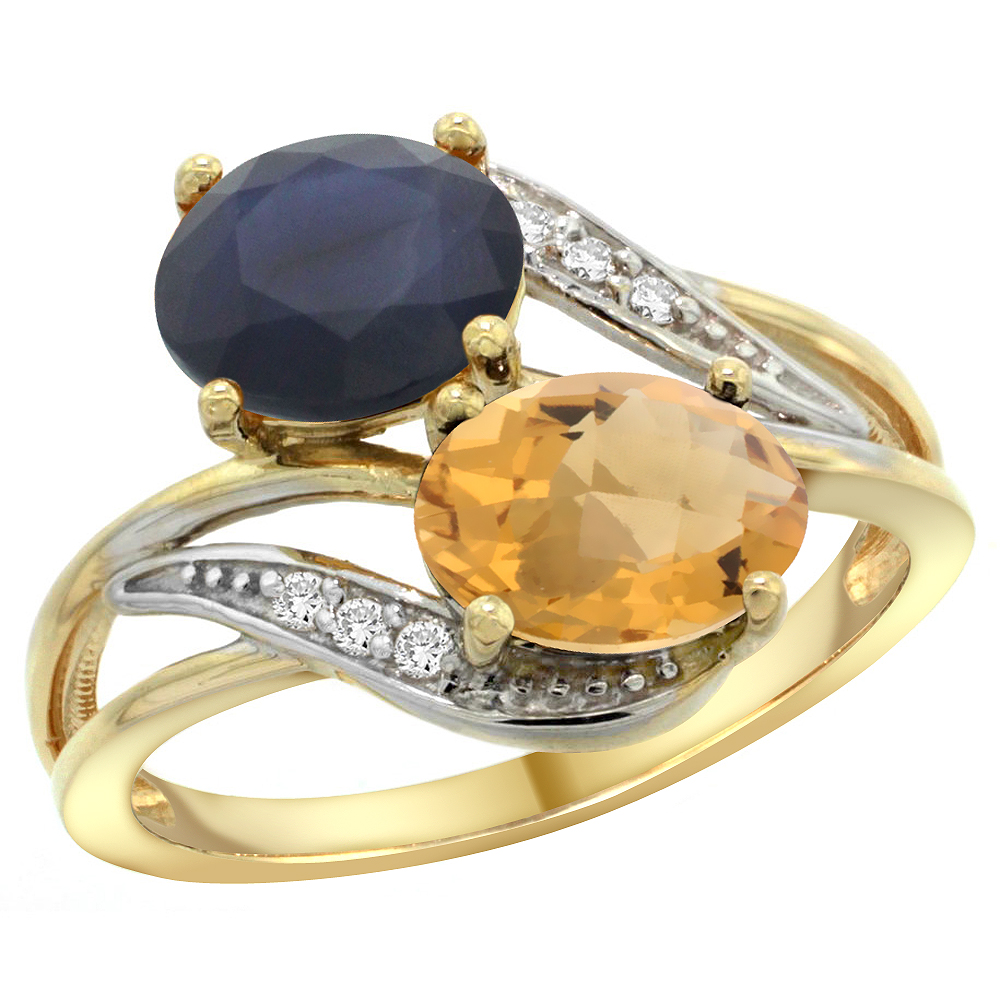 14K Yellow Gold Diamond Natural Blue Sapphire &amp; Whisky Quartz 2-stone Ring Oval 8x6mm, sizes 5 - 10