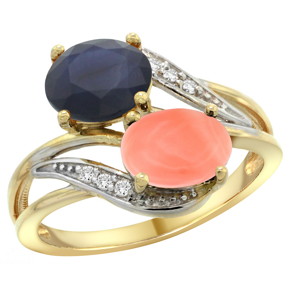 14K Yellow Gold Diamond Natural Blue Sapphire & Coral 2-stone Ring Oval 8x6mm, sizes 5 - 10