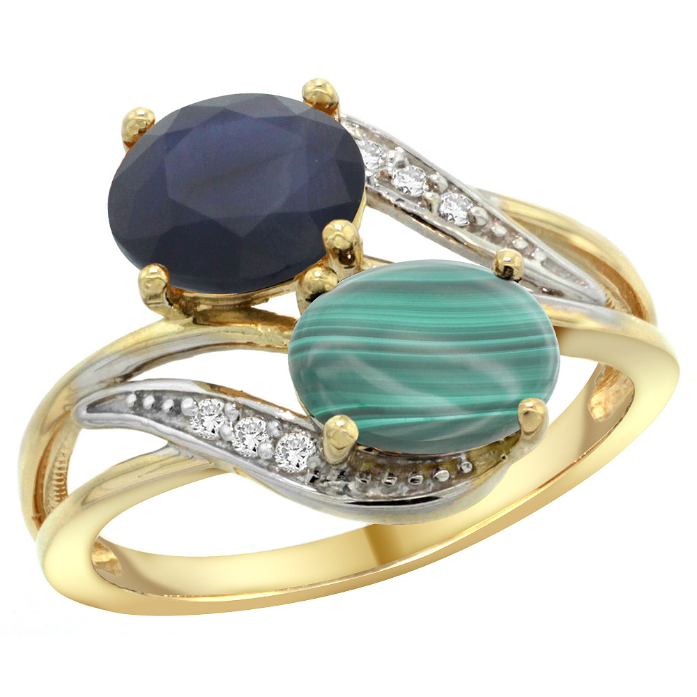 14K Yellow Gold Diamond Natural Blue Sapphire &amp; Malachite 2-stone Ring Oval 8x6mm, sizes 5 - 10