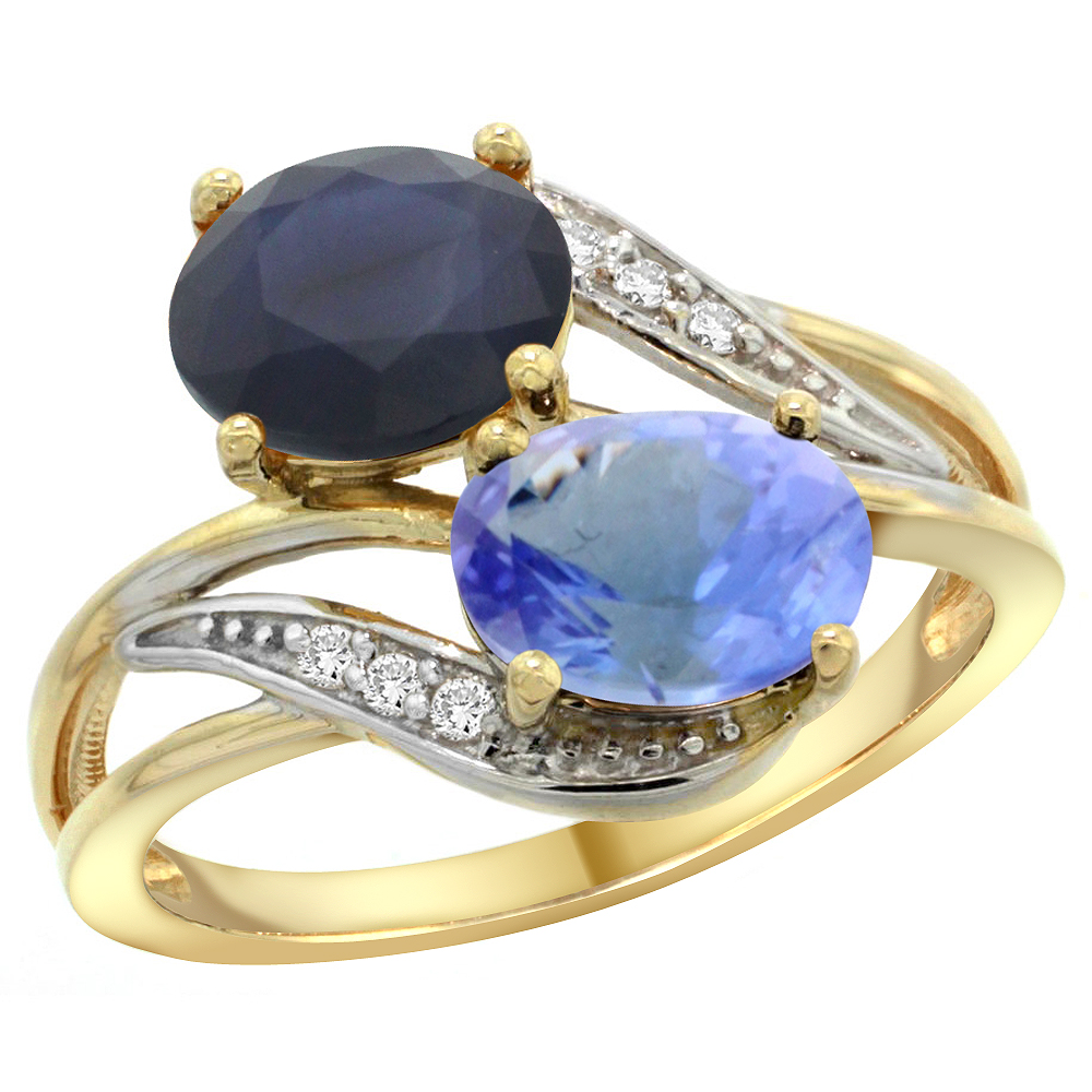 14K Yellow Gold Diamond Natural Blue Sapphire &amp; Tanzanite 2-stone Ring Oval 8x6mm, sizes 5 - 10