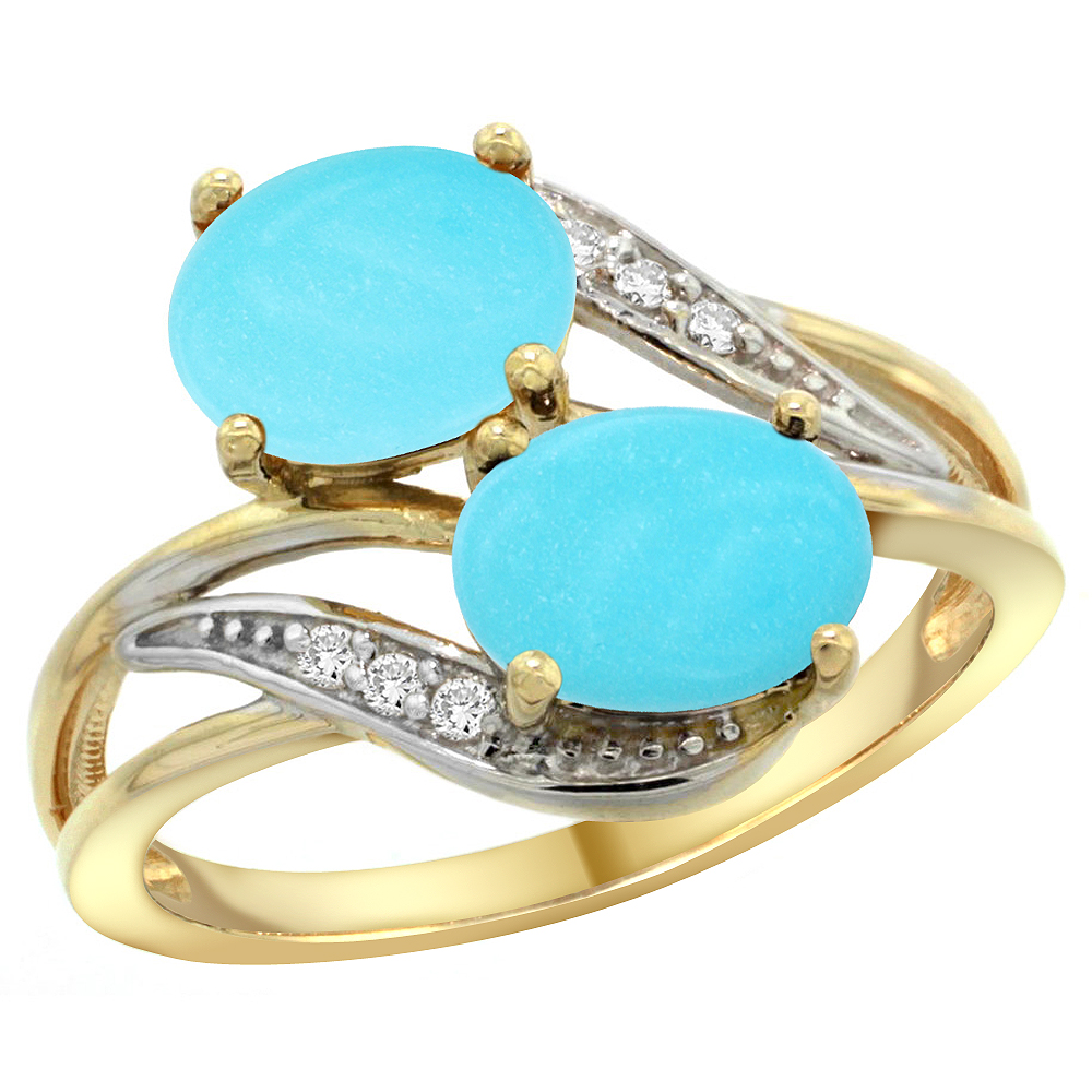 14K Yellow Gold Diamond Natural Turquoise 2-stone Ring Oval 8x6mm, sizes 5 - 10