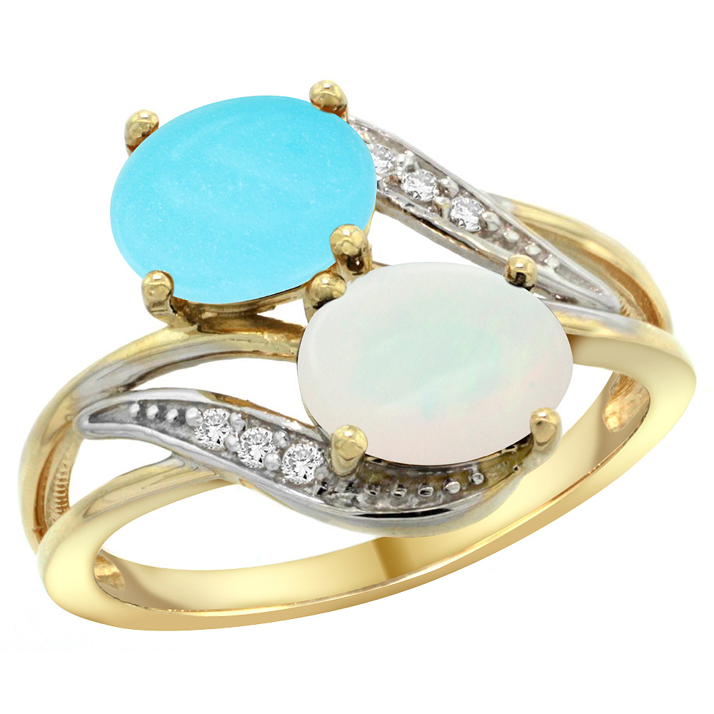 14K YELLOW GOLD DIAMOND NATURAL TURQUOISE & OPAL 2-STONE RING OVAL 8X6MM, SIZES 5 - 10