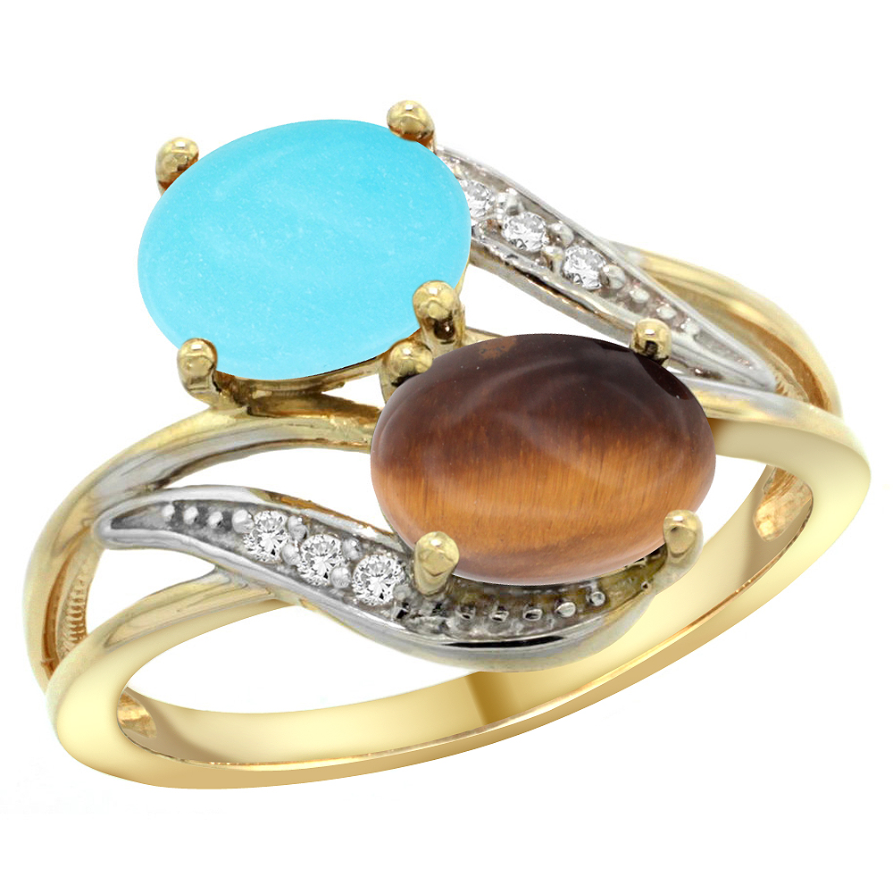 10K Yellow Gold Diamond Natural Turquoise &amp; Tiger Eye 2-stone Ring Oval 8x6mm, sizes 5 - 10