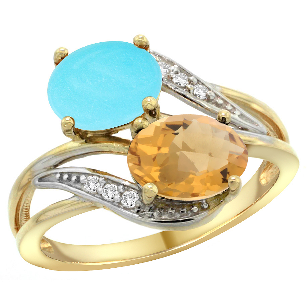 14K Yellow Gold Diamond Natural Turquoise &amp; Whisky Quartz 2-stone Ring Oval 8x6mm, sizes 5 - 10