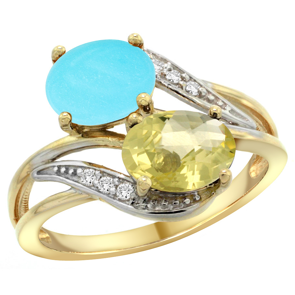 14K Yellow Gold Diamond Natural Turquoise &amp; Lemon Quartz 2-stone Ring Oval 8x6mm, sizes 5 - 10
