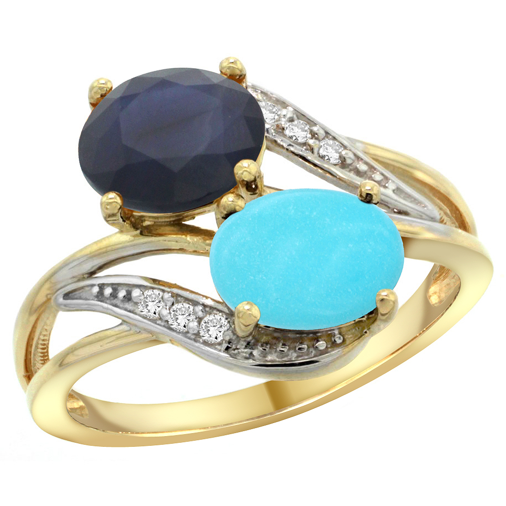 14K Yellow Gold Diamond Natural Turquoise &amp; Australian Sapphire 2-stone Ring Oval 8x6mm, sizes 5 - 10