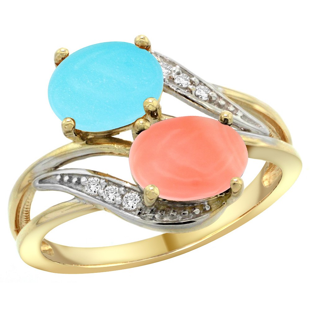 14K Yellow Gold Diamond Natural Turquoise &amp; Coral 2-stone Ring Oval 8x6mm, sizes 5 - 10