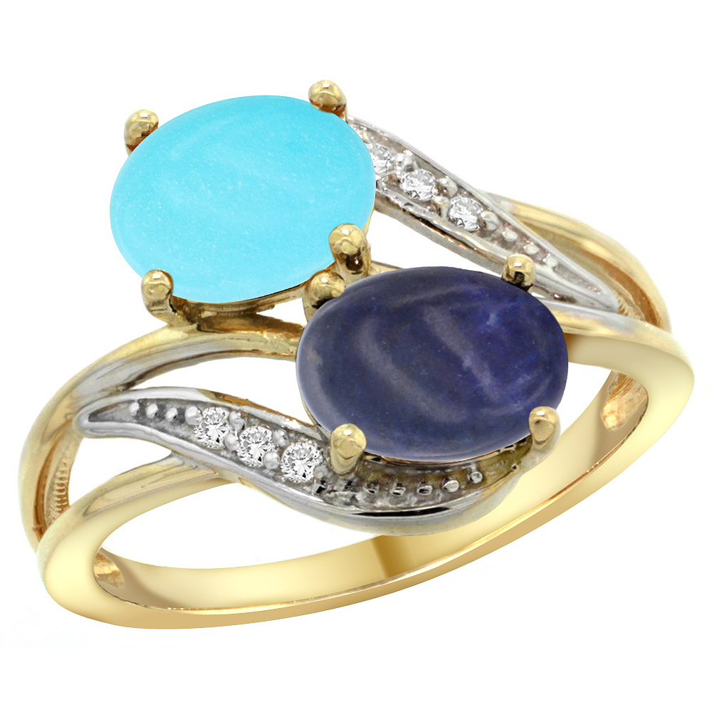 14K Yellow Gold Diamond Natural Turquoise &amp; Lapis 2-stone Ring Oval 8x6mm, sizes 5 - 10