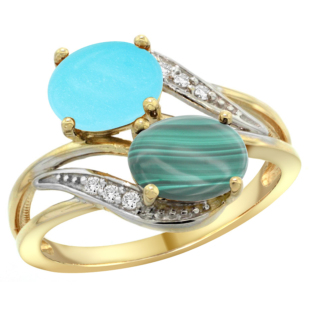 14K YELLOW GOLD DIAMOND NATURAL TURQUOISE & MALACHITE 2-STONE RING OVAL 8X6MM, SIZES 5 - 10