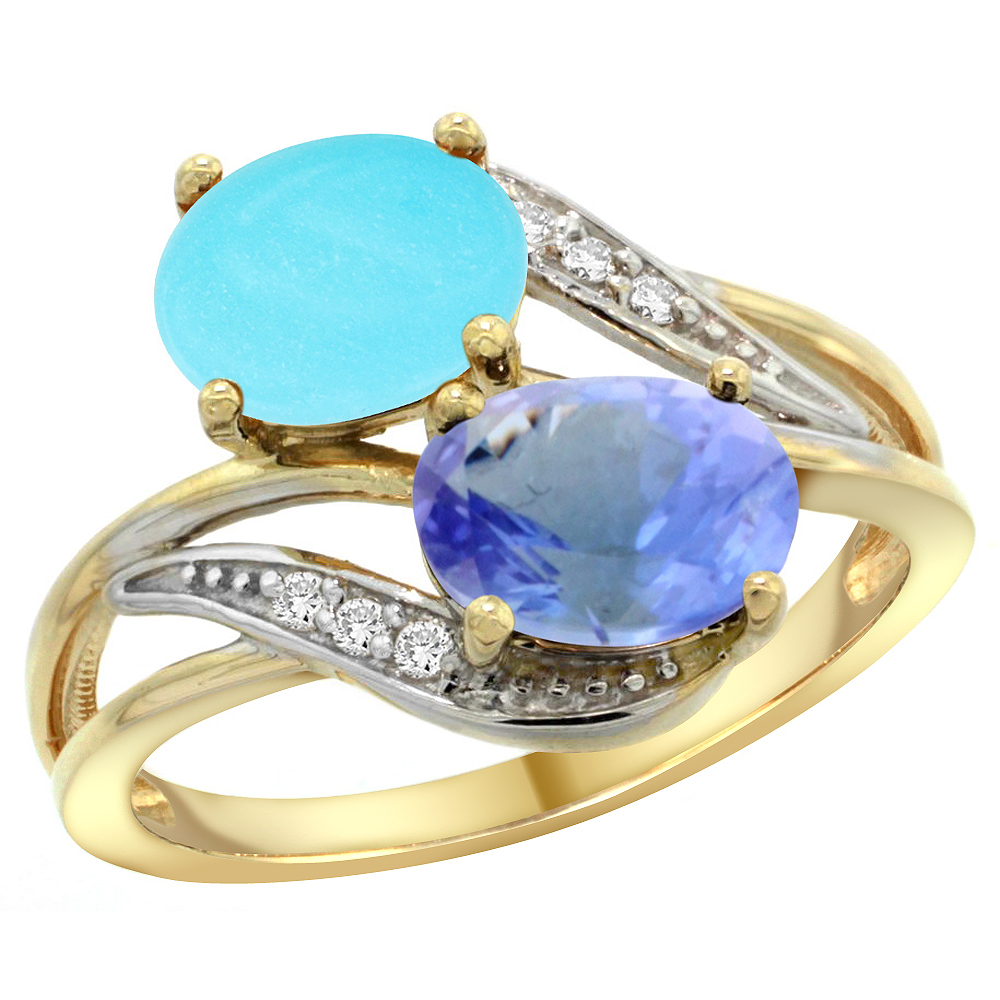 14K YELLOW GOLD DIAMOND NATURAL TURQUOISE & TANZANITE 2-STONE RING OVAL 8X6MM, SIZES 5 - 10
