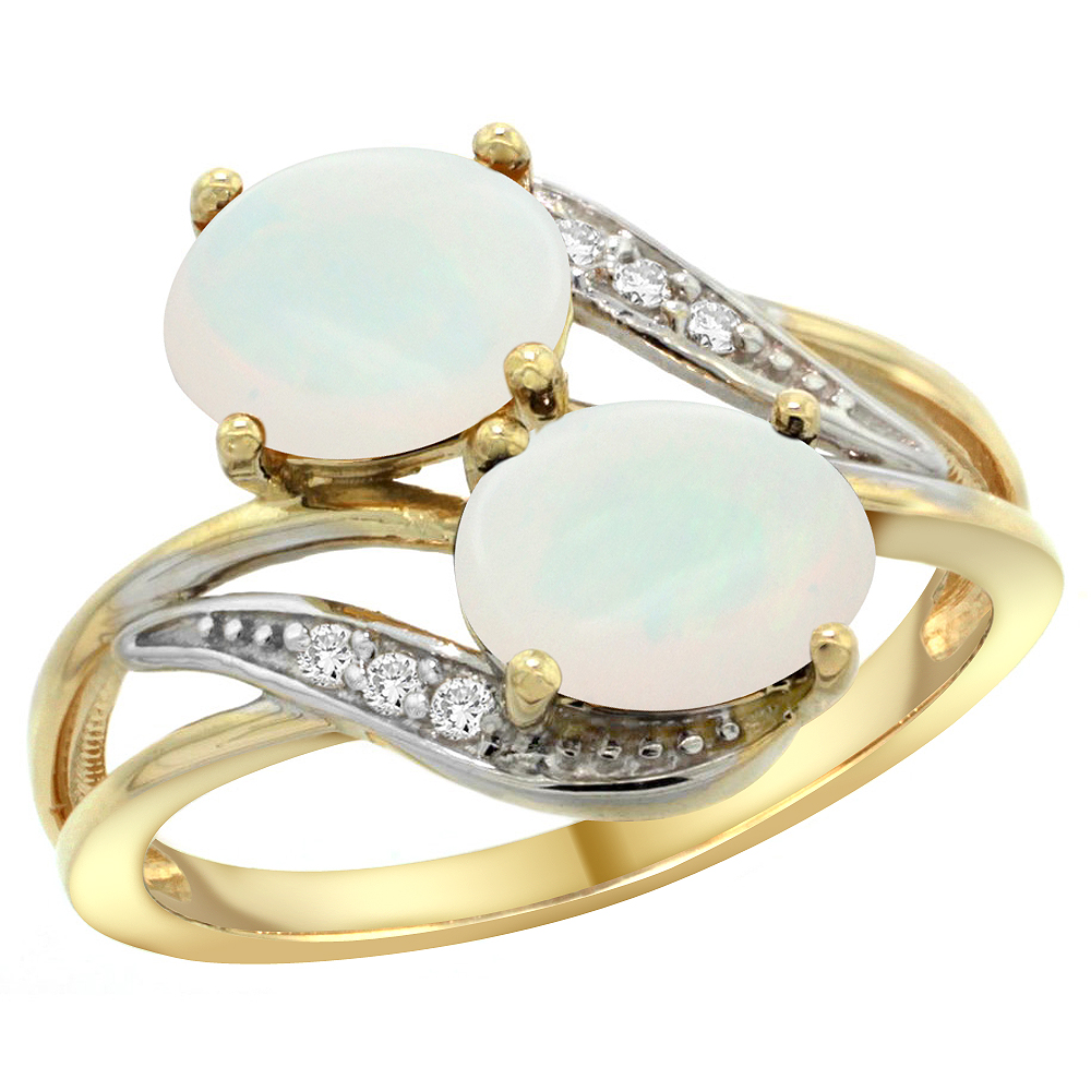 14K Yellow Gold Diamond Natural Opal 2-stone Ring Oval 8x6mm, sizes 5 - 10