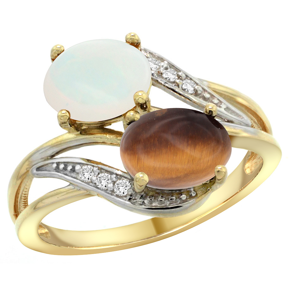 14K YELLOW GOLD DIAMOND NATURAL OPAL & TIGER EYE 2-STONE RING OVAL 8X6MM, SIZES 5 - 10