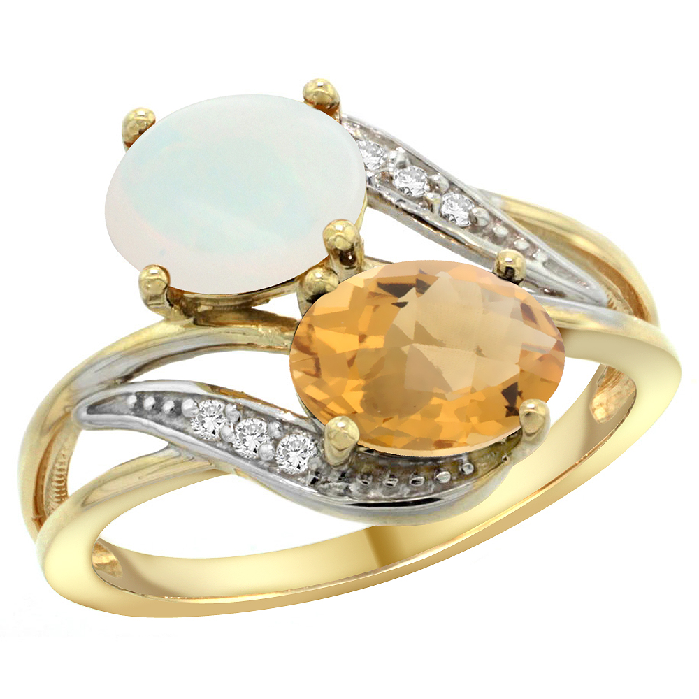 10K Yellow Gold Diamond Natural Opal &amp; Whisky Quartz 2-stone Ring Oval 8x6mm, sizes 5 - 10