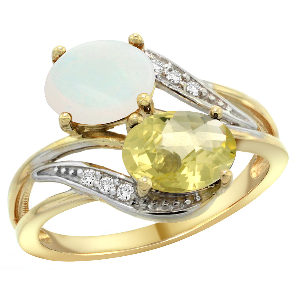 10K Yellow Gold Diamond Natural Opal &amp; Lemon Quartz 2-stone Ring Oval 8x6mm, sizes 5 - 10