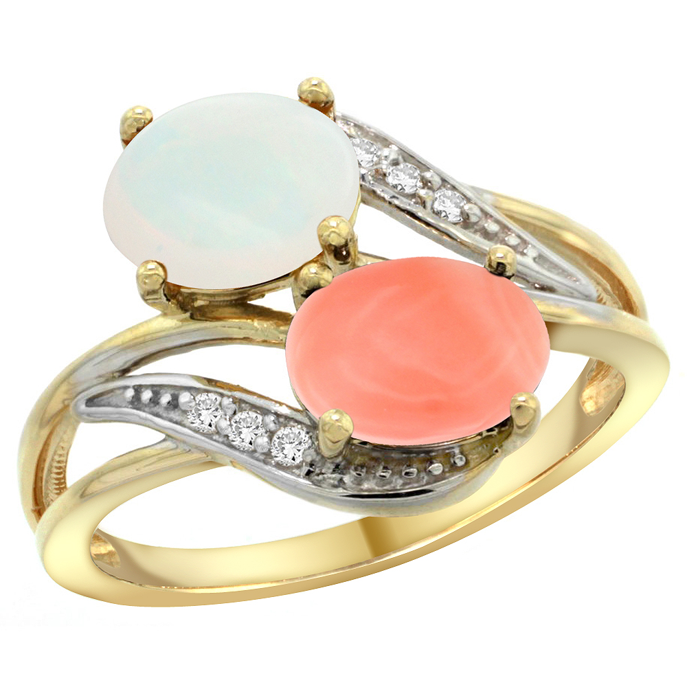 14K Yellow Gold Diamond Natural Opal & Coral 2-stone Ring Oval 8x6mm, sizes 5 - 10