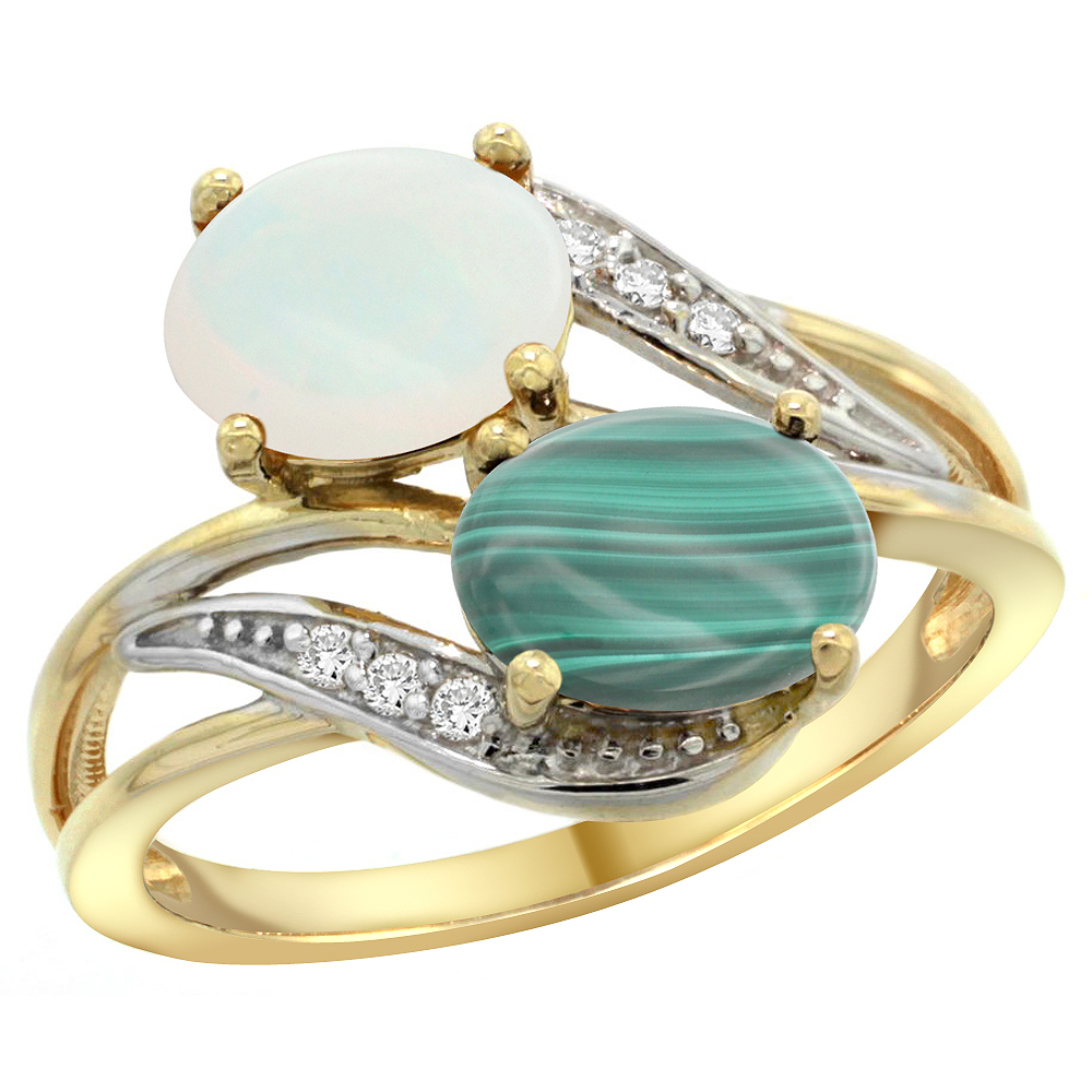 14K YELLOW GOLD DIAMOND NATURAL OPAL & MALACHITE 2-STONE RING OVAL 8X6MM, SIZES 5 - 10