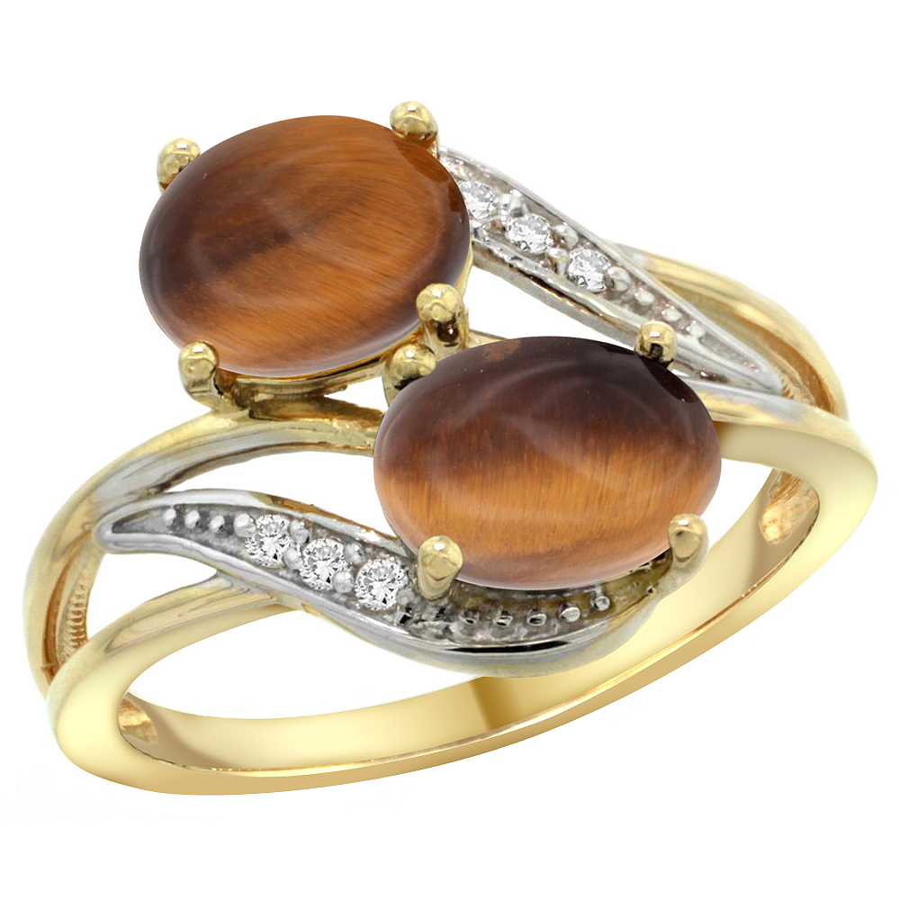 14K YELLOW GOLD DIAMOND NATURAL TIGER EYE 2-STONE RING OVAL 8X6MM, SIZES 5 - 10
