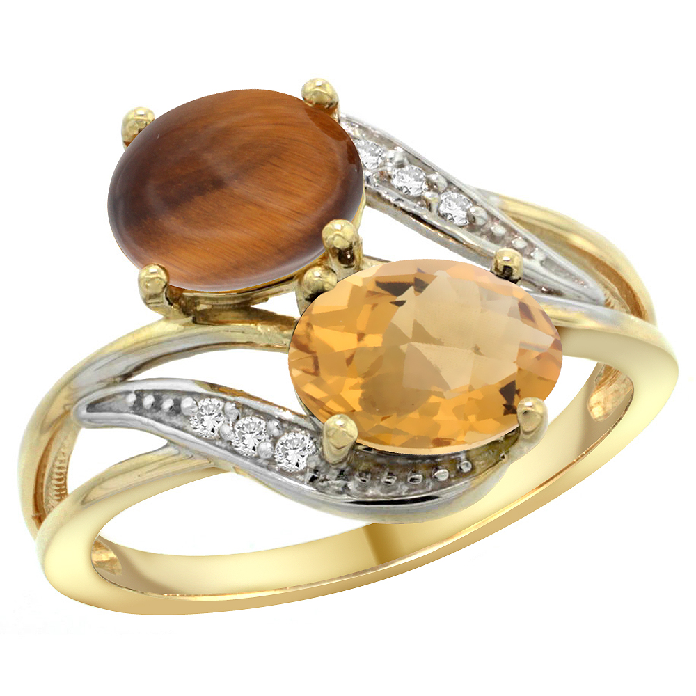 14K Yellow Gold Diamond Natural Tiger Eye &amp; Whisky Quartz 2-stone Ring Oval 8x6mm, sizes 5 - 10