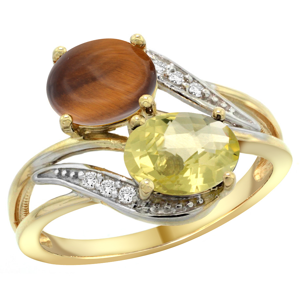 14K Yellow Gold Diamond Natural Tiger Eye &amp; Lemon Quartz 2-stone Ring Oval 8x6mm, sizes 5 - 10