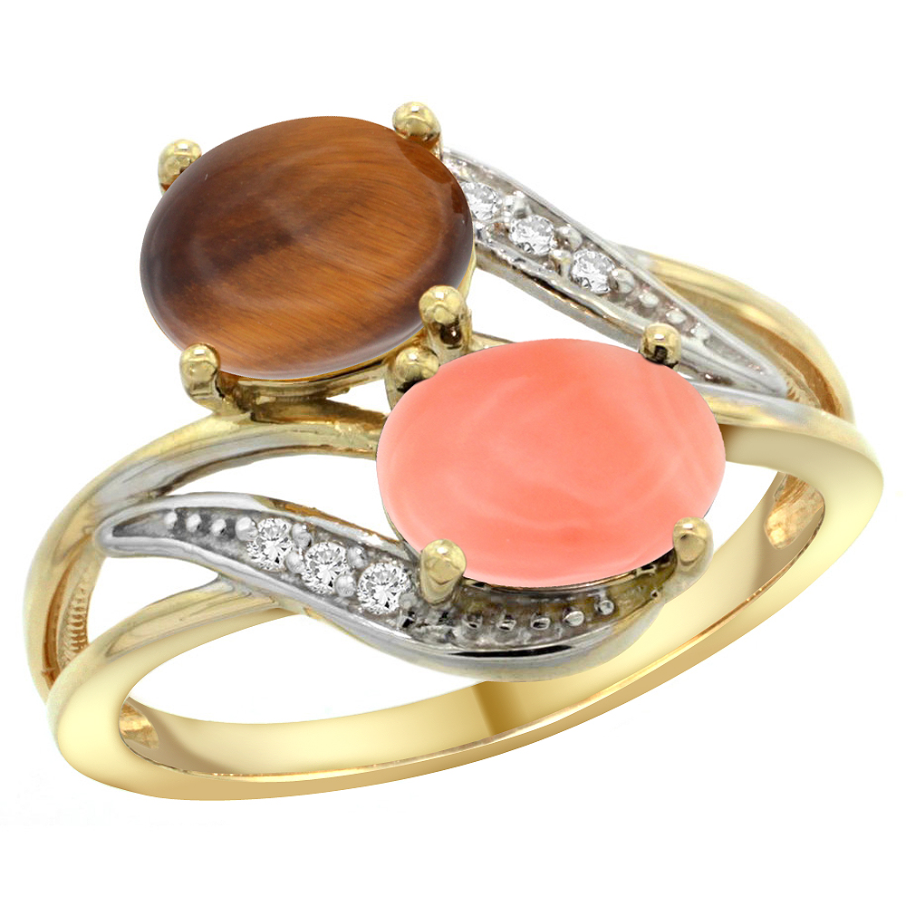 14K Yellow Gold Diamond Natural Tiger Eye &amp; Coral 2-stone Ring Oval 8x6mm, sizes 5 - 10