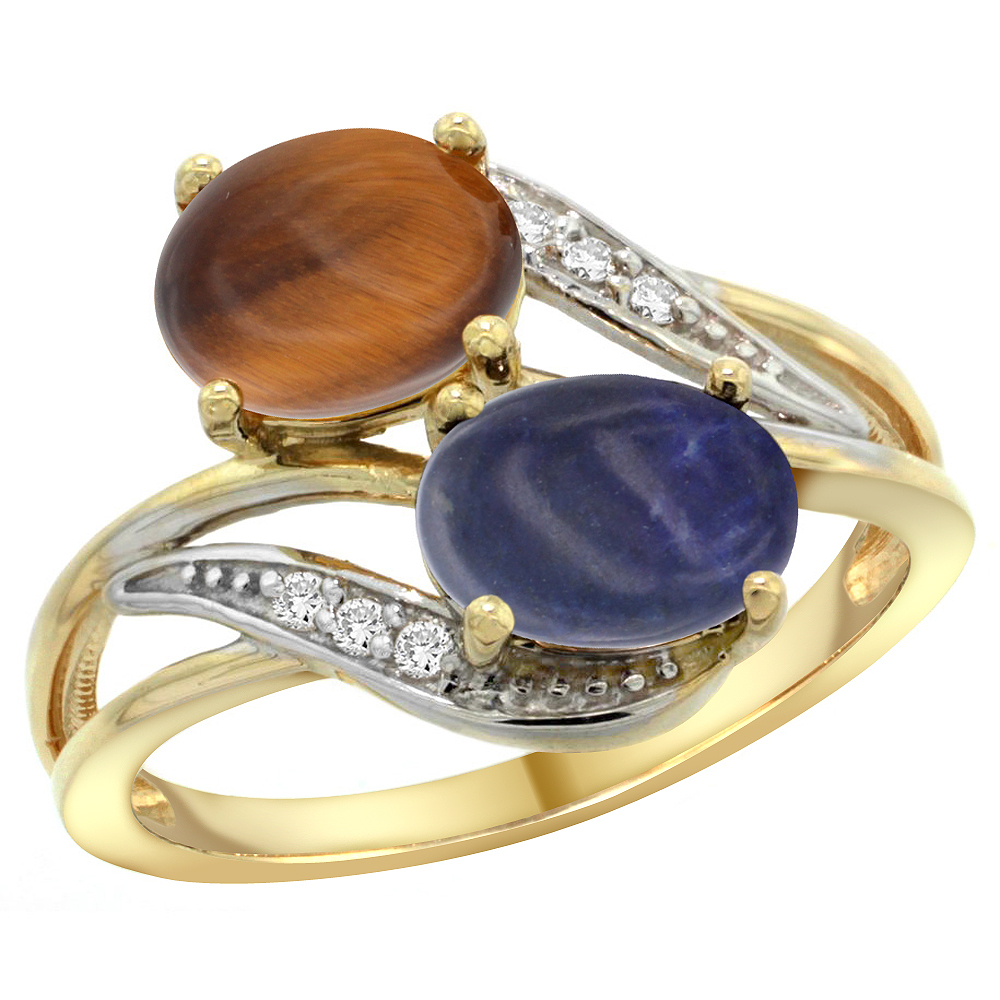 14K YELLOW GOLD DIAMOND NATURAL TIGER EYE & LAPIS 2-STONE RING OVAL 8X6MM, SIZES 5 - 10