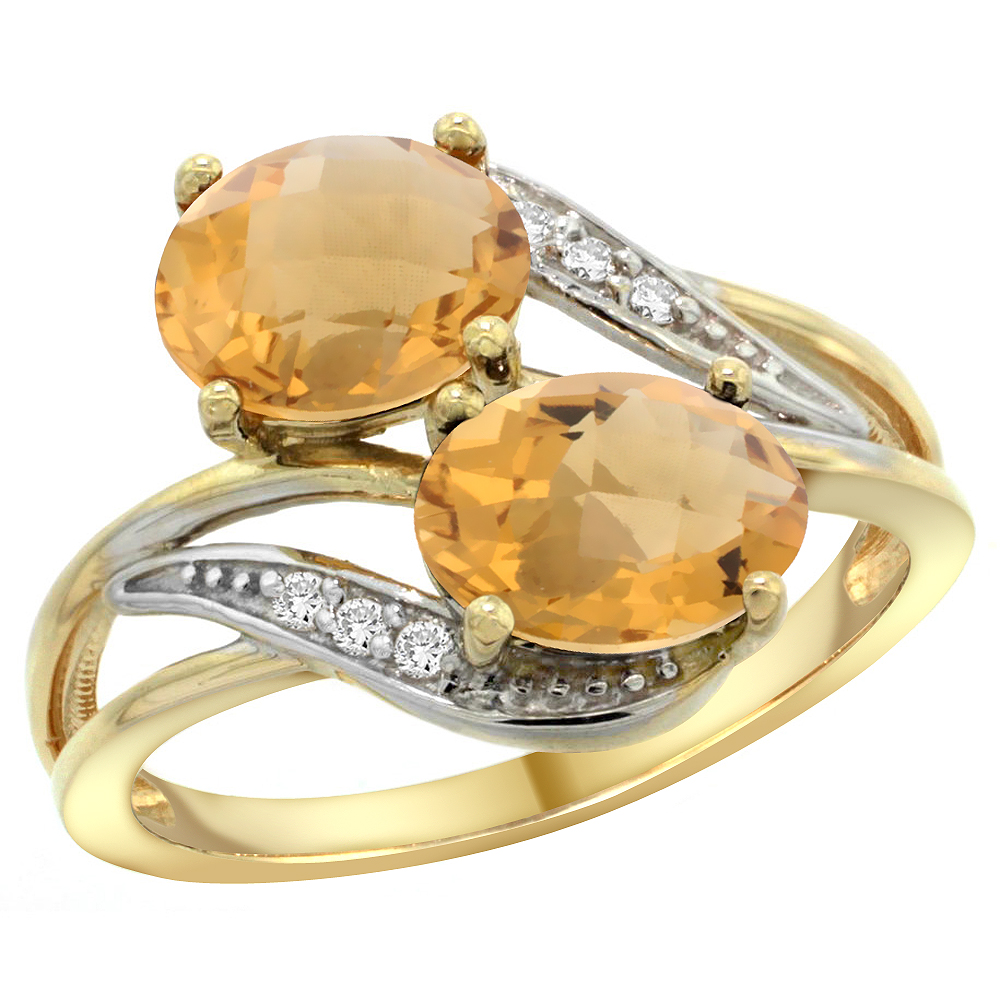 14K YELLOW GOLD DIAMOND NATURAL WHISKY QUARTZ 2-STONE RING OVAL 8X6MM, SIZES 5 - 10