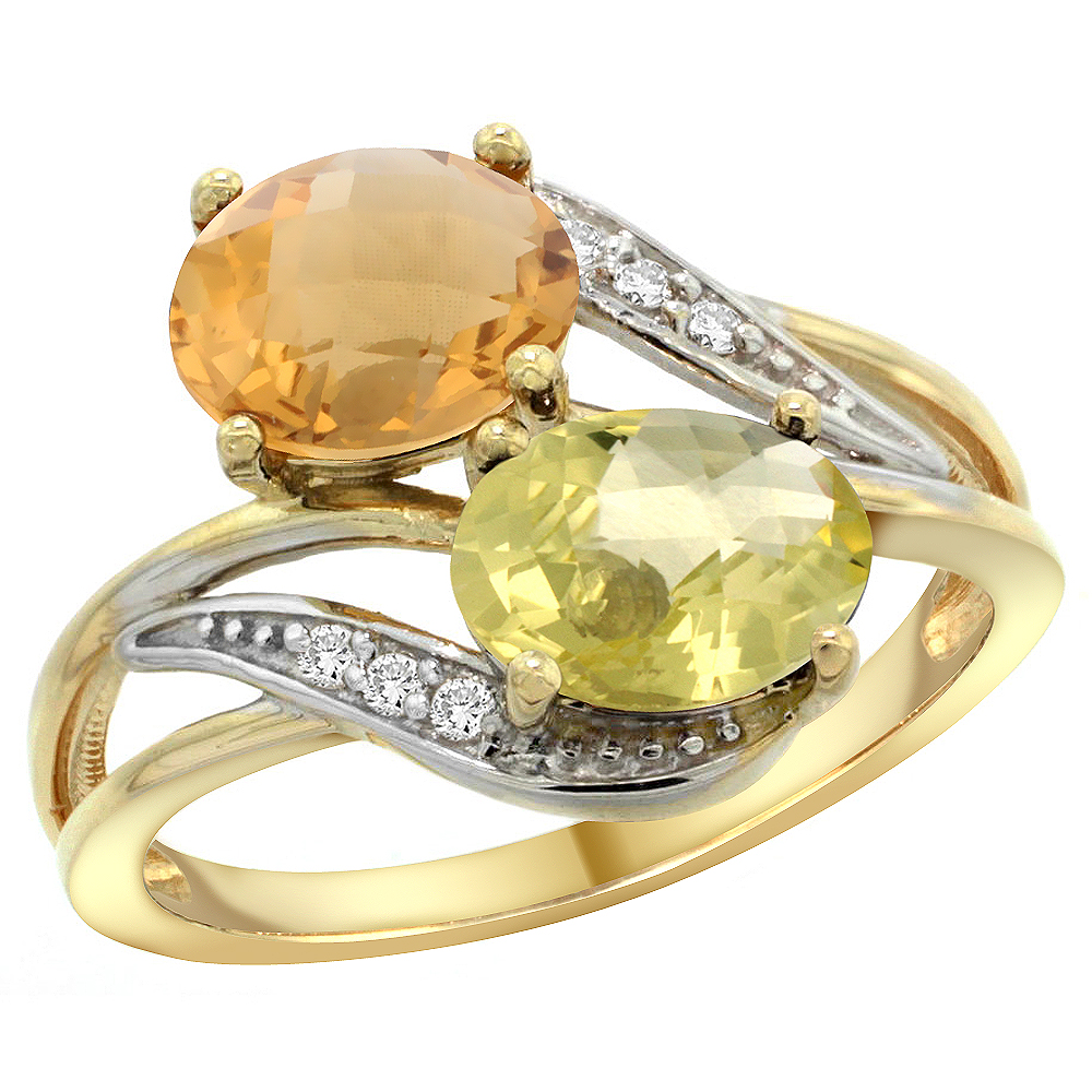 14K YELLOW GOLD DIAMOND NATURAL WHISKY QUARTZ & LEMON QUARTZ 2-STONE RING OVAL 8X6MM, SIZES 5 - 10