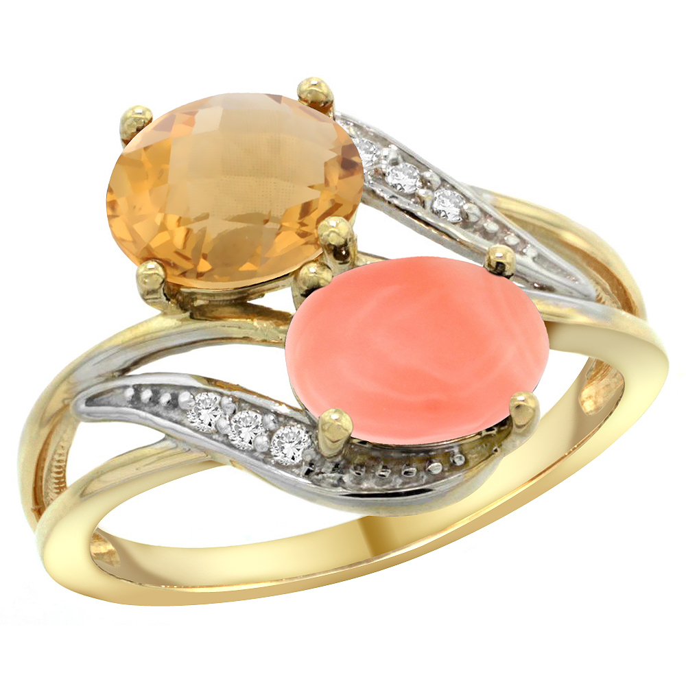 14K Yellow Gold Diamond Natural Whisky Quartz &amp; Coral 2-stone Ring Oval 8x6mm, sizes 5 - 10