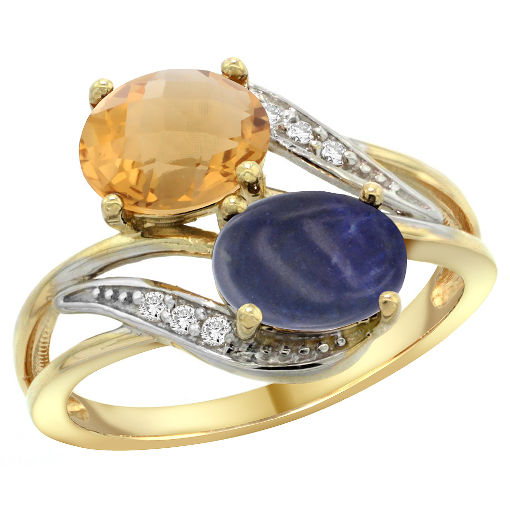14K YELLOW GOLD DIAMOND NATURAL WHISKY QUARTZ & LAPIS 2-STONE RING OVAL 8X6MM, SIZES 5 - 10