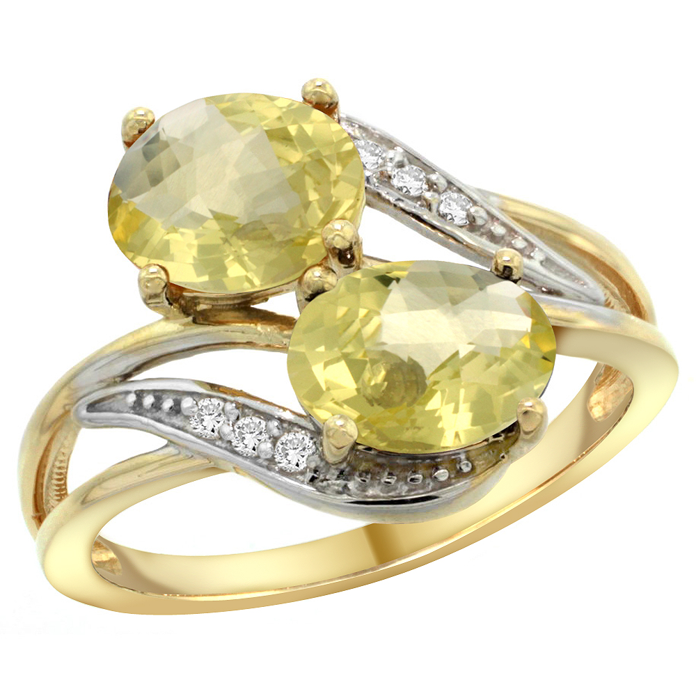 10K Yellow Gold Diamond Natural Lemon Quartz 2-stone Ring Oval 8x6mm, sizes 5 - 10