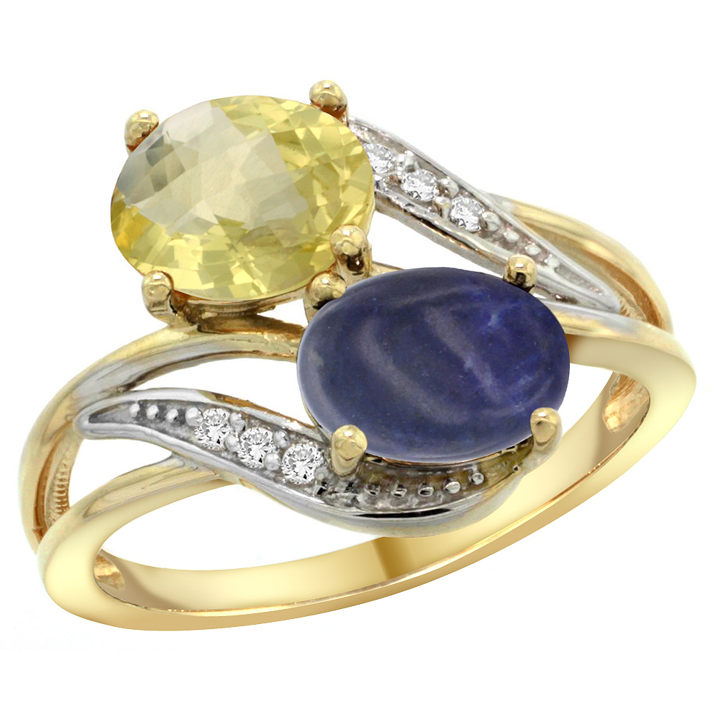 14K YELLOW GOLD DIAMOND NATURAL LEMON QUARTZ & LAPIS 2-STONE RING OVAL 8X6MM, SIZES 5 - 10