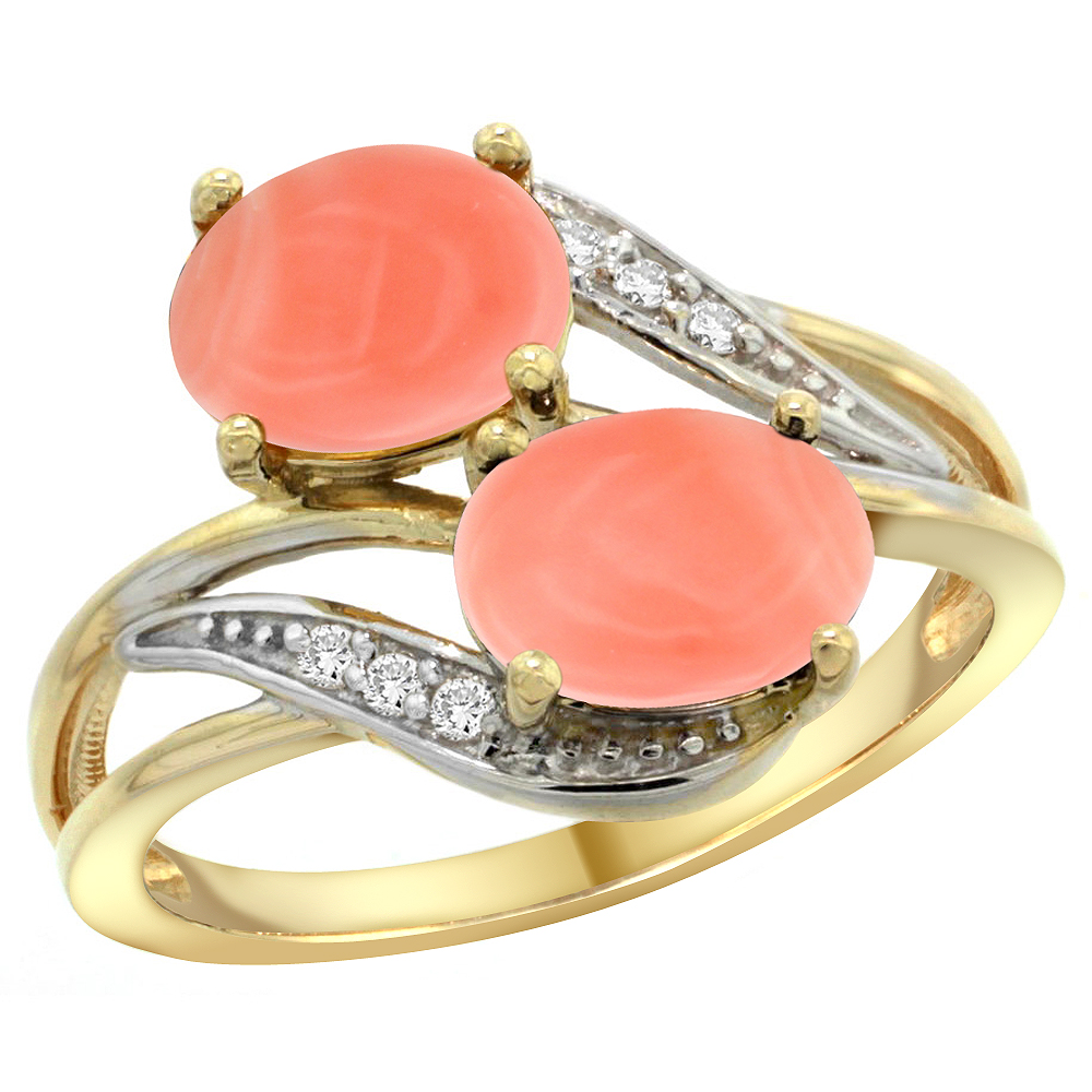 14K YELLOW GOLD DIAMOND NATURAL CORAL 2-STONE RING OVAL 8X6MM, SIZES 5 - 10