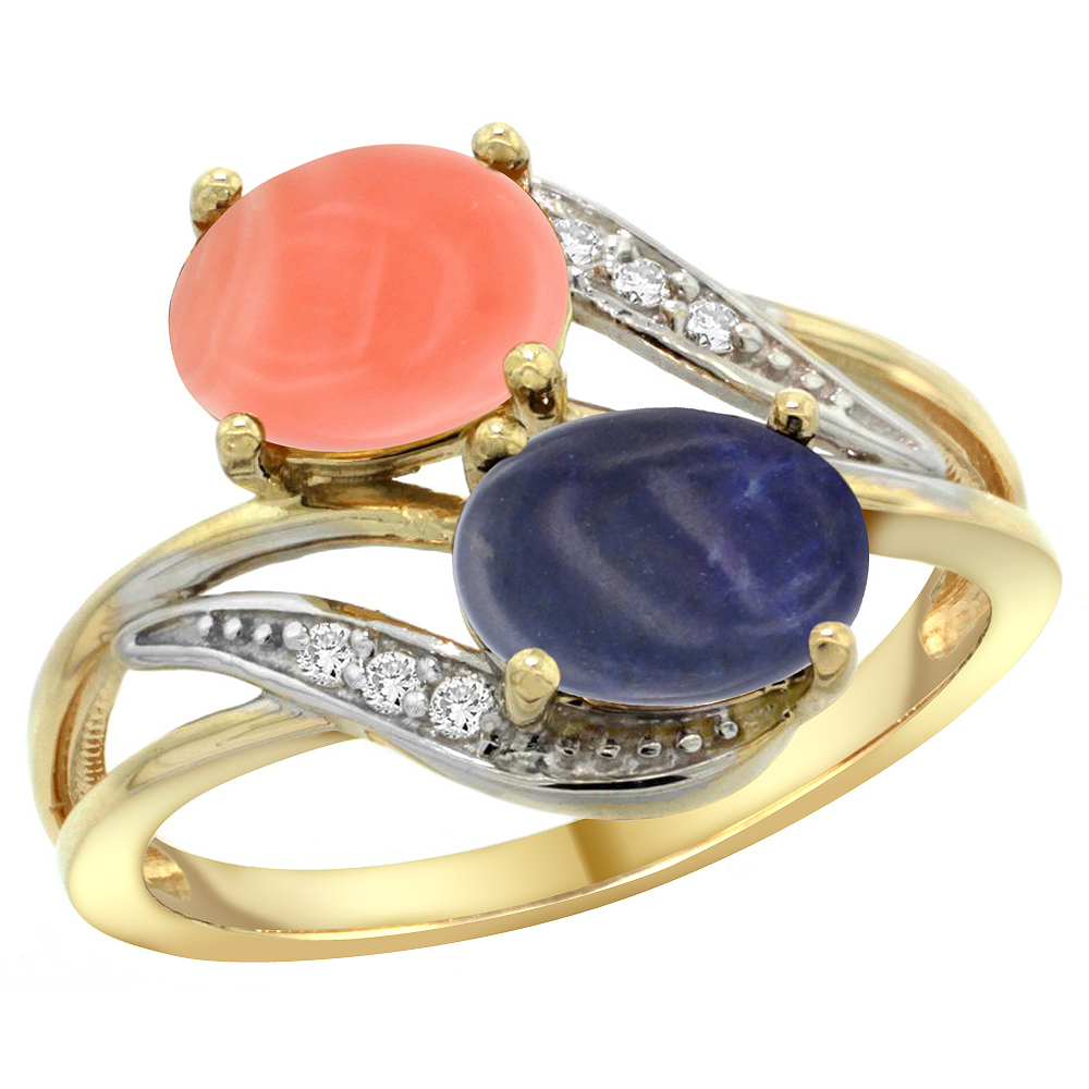 14K Yellow Gold Diamond Natural Coral &amp; Lapis 2-stone Ring Oval 8x6mm, sizes 5 - 10