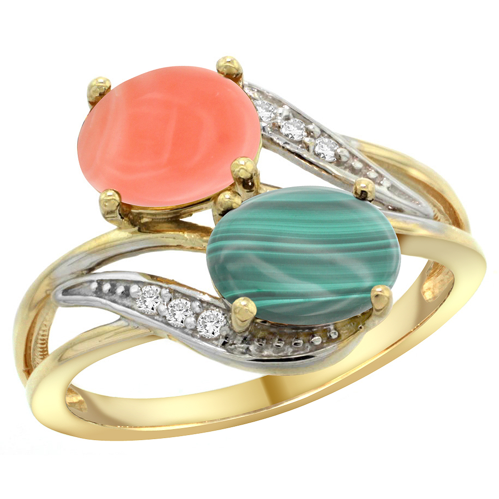 14K YELLOW GOLD DIAMOND NATURAL CORAL & MALACHITE 2-STONE RING OVAL 8X6MM, SIZES 5 - 10