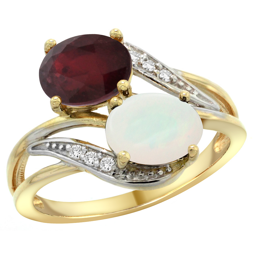 10K Yellow Gold Diamond Natural Quality Ruby & Opal 2-stone Mothers Ring Oval 8x6mm, size 5 - 10