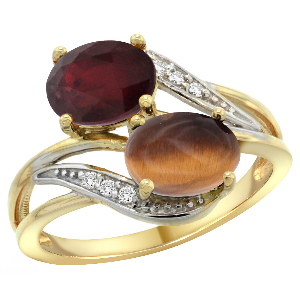 14K YELLOW GOLD DIAMOND NATURAL QUALITY RUBY & TIGER EYE 2-STONE MOTHERS RING OVAL 8X6MM, SIZE 5 - 10