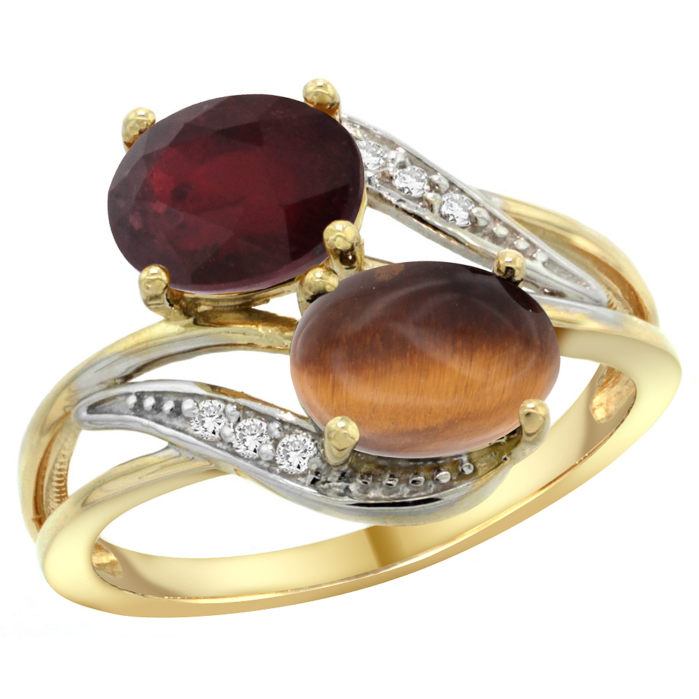 14K Yellow Gold Diamond Natural Quality Ruby &amp; Tiger Eye 2-stone Mothers Ring Oval 8x6mm, size 5 - 10