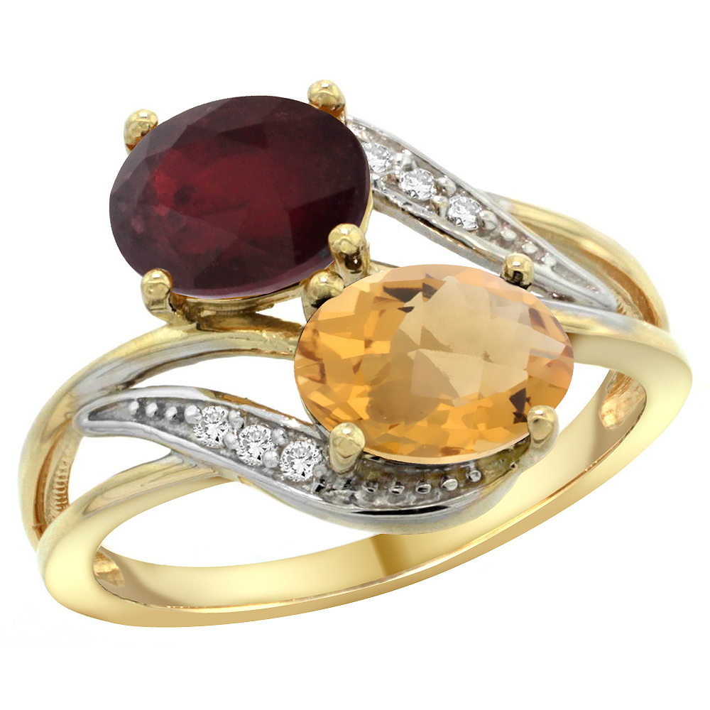 14K Yellow Gold Diamond Natural Quality Ruby &amp; Whisky Quartz 2-stone Mothers Ring Oval 8x6mm, size 5 - 10