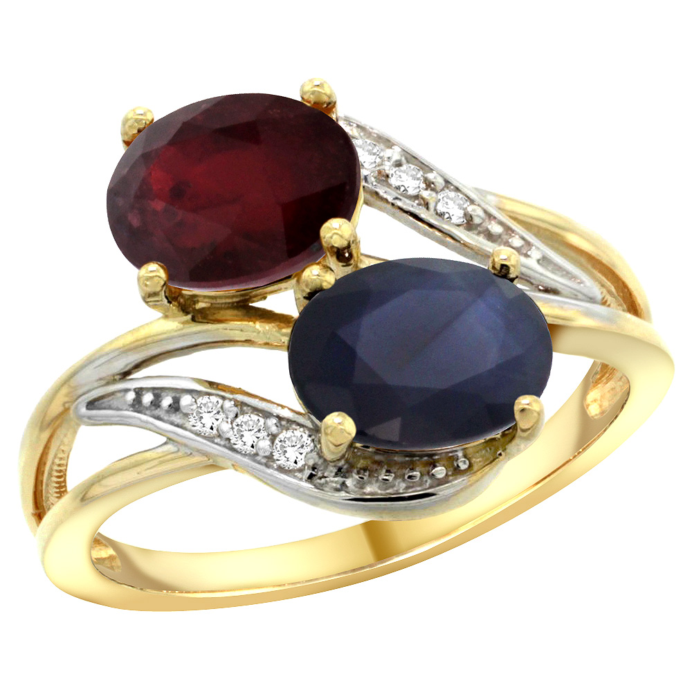 10K Yellow Gold Diamond Natural Quality Ruby&Australian Sapphire 2-stone Mothers Ring Oval 8x6mm,sz5 - 10