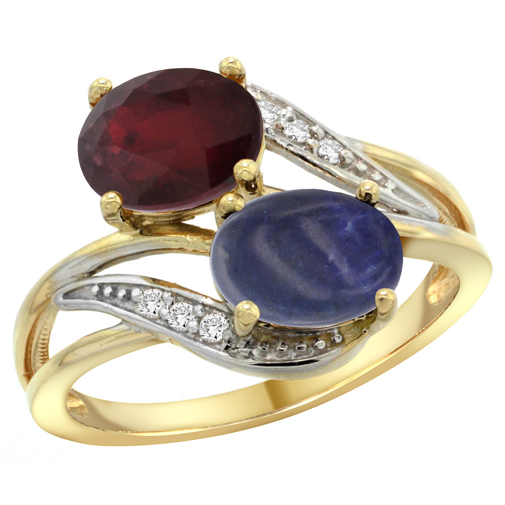 14K YELLOW GOLD DIAMOND NATURAL QUALITY RUBY & LAPIS 2-STONE MOTHERS RING OVAL 8X6MM, SIZE 5 - 10